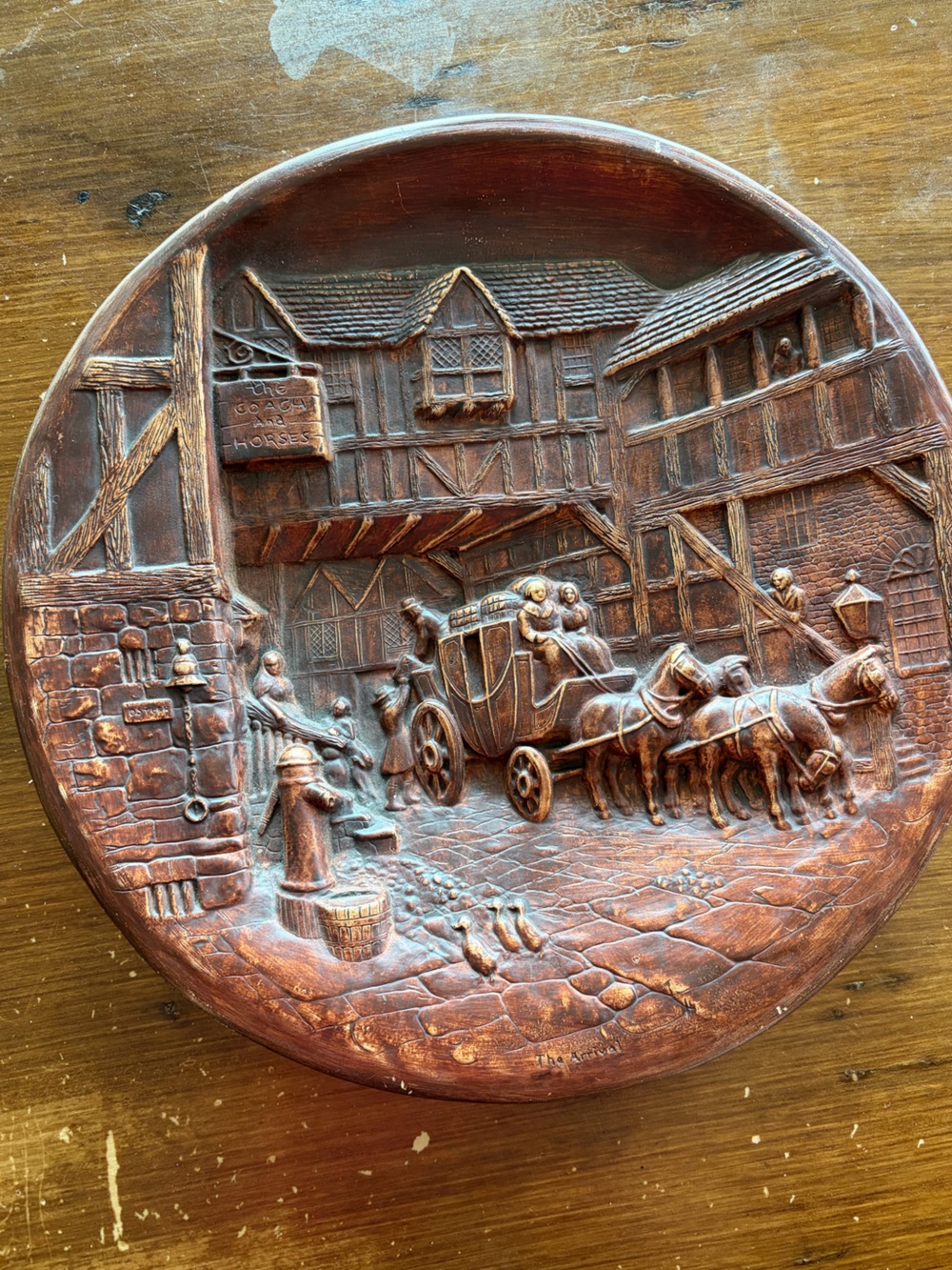 Vintage W.H. Bossons The Arrival 14” Chalkware Wall Plaque Coach Horses England